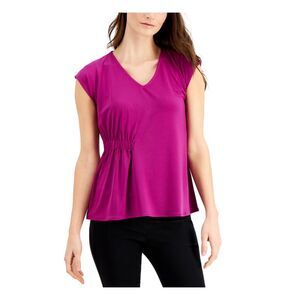 ALFANI Womens Purple Ruched Side Cap Sleeve V Neck Evening Top S